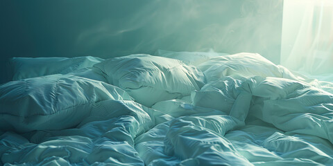 Unmade Bed with Pillows and Duvet in Soft Light