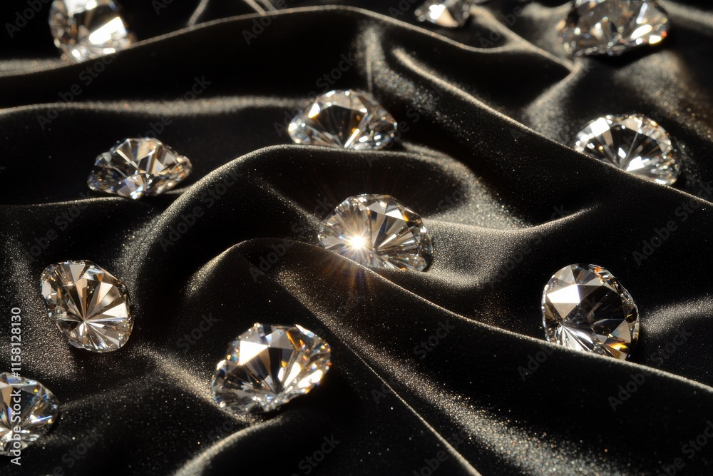 Fototapete Large sparkling diamonds elegantly arranged on soft black fabric with space for text creation and mock up. Generative AI