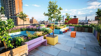 Fototapeta premium Community rooftop garden with planter boxes in city view