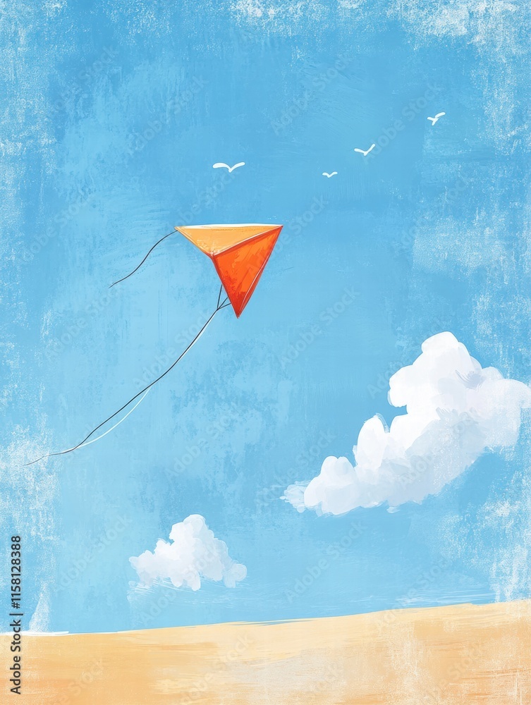 Poster colorful kite soaring in a clear blue sky with fluffy clouds and copy space for creative text. gener