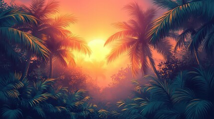 Tropical Sunset Palm Trees Silhouette Scene