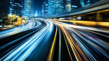 Night city traffic with light trails moving fast.