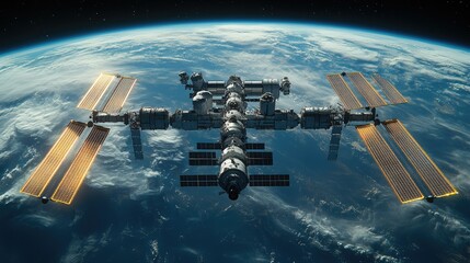 Space station orbiting Earth, showing solar panels and modules.