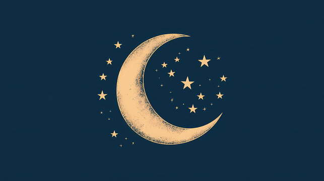 A crescent moon with stars on a dark blue background. Crescent. Illustration