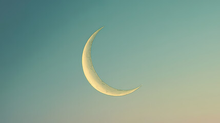 A serene scene of a crescent moon illuminated against a soft blue backdrop, representing the beginning of ramadan. Crescent. Illustration