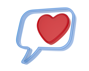 Glass Speech bubble and heart on white background. Isolated 3D illustration