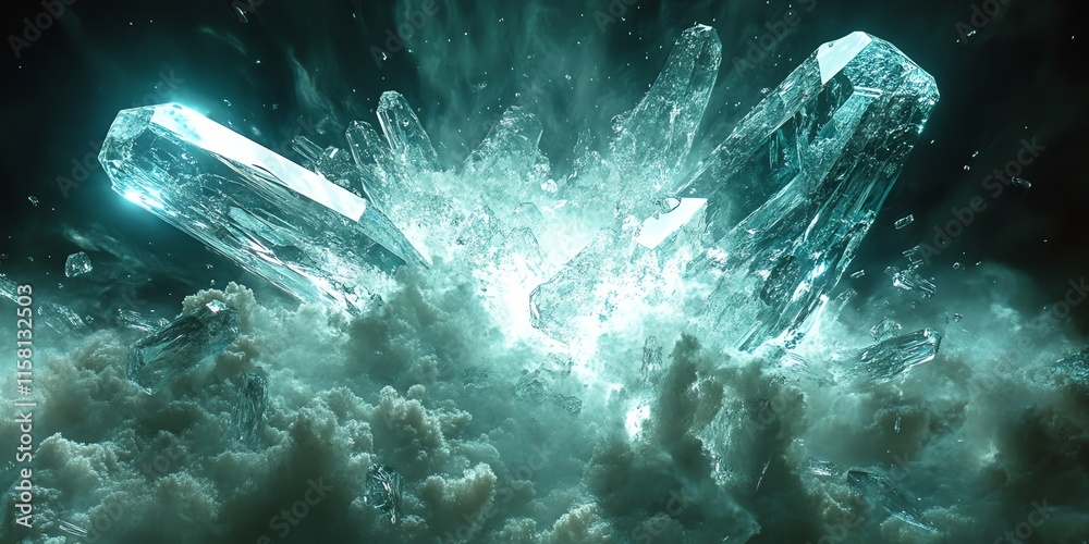 Poster a dramatic scene featuring crystalline structures emerging from a cloud-like base.