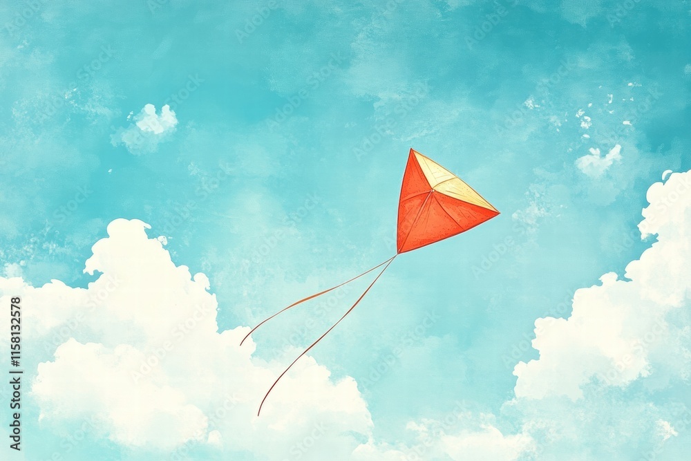 Poster colorful kite soaring through a blue sky with white fluffy clouds, creating a joyful scene perfect f