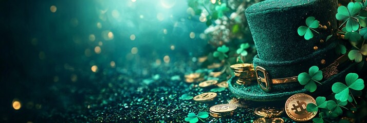 St. Patrick's Day background with green hat, shamrock and gold coins. Copy space.