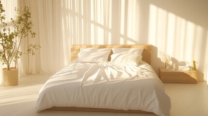 Cozy, sunlit bedroom with soft bedding.