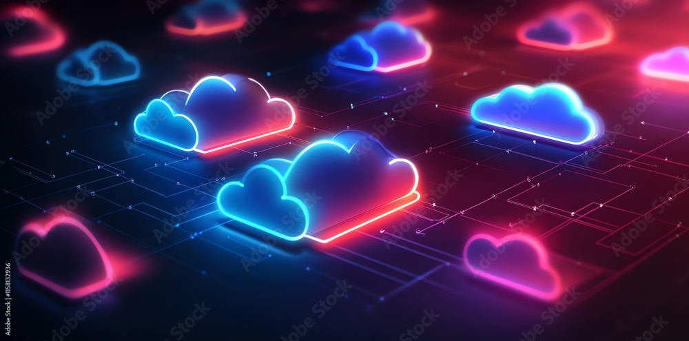 Aufkleber Neon clouds representing digital storage and data connectivity in a vibrant, futuristic design.