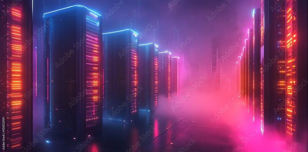 Poster a futuristic data center illuminated by neon lights and fog.