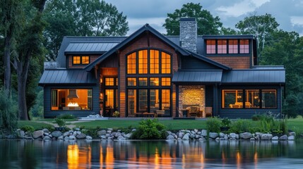 Obraz premium Experience Tranquility in a Modern Lake House with Energy-Efficient Windows Surrounded by Nature