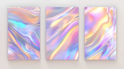 Fototapeta premium Three abstract, holographic panels with a fluid iridescent design. Glimmer. Illustration