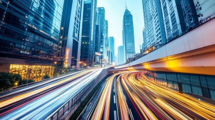 Dynamic city traffic with soaring skyscrapers.