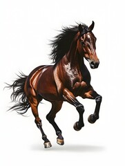 Fototapeta premium A powerful brown horse in mid-gallop, showcasing strength and grace against a white background.