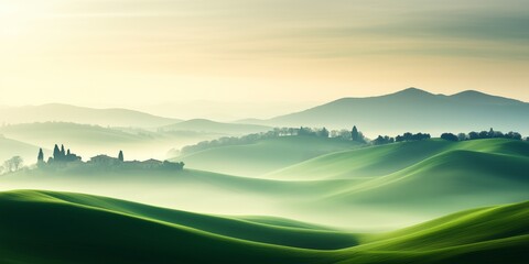 Rolling Green Hills with Morning Mist and Horizon