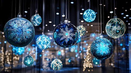Vibrant christmas decorations glimmer against a dark backdrop, showcasing the festive spirit with shimmering blue accents. Glimmer. Illustration