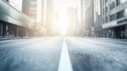 Empty urban street with bright sunlight ahead.