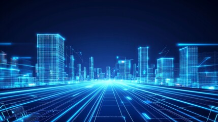 Futuristic cityscape with neon blue lights.