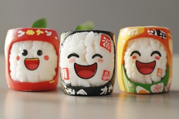 Adorable Sushi Plushies: A Trio of Happy Rice Balls in Festive Japanese Designs