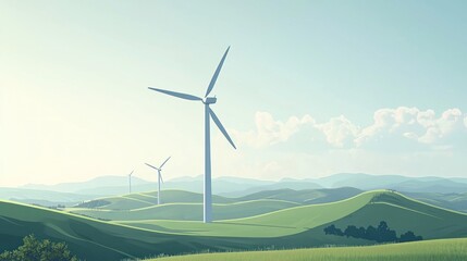 Fototapeta premium Serene Landscape Featuring Eco-Friendly Wind Turbines Surrounded by Lush Green Hills and Gentle Blue Skies for Sustainable Energy Imagery