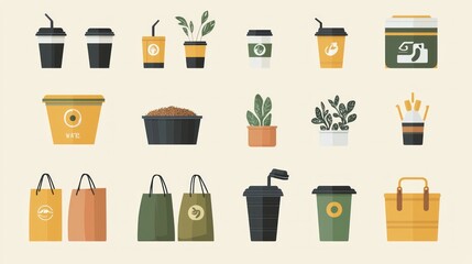 A Collection of Modern Food and Beverage Illustrations Featuring Various Cup Designs, Containers, Plants, and Eco-Friendly Bags on a Neutral Background