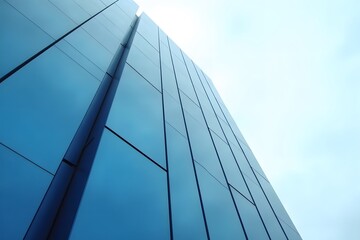 Office building wall reflects blue light, very low angle of view