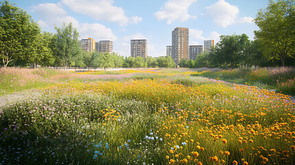 Green trees yellow flowers on field with building background during sunny day feeling peaceful