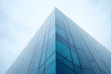 Office building wall reflects blue light, very low angle of view