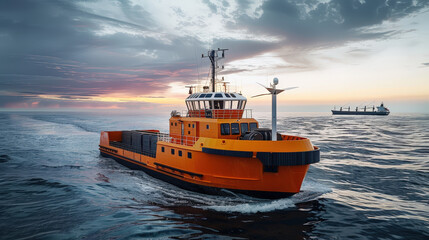 Fototapeta premium Innovative Wind-Assisted Cargo Ship Navigating the Open Ocean at Dusk