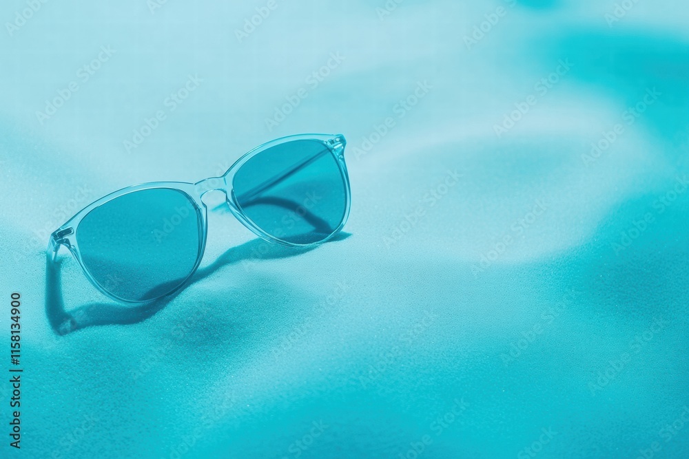 Aufkleber stylish sunglasses resting on soft turquoise fabric waiting for summer adventures by the beach or po