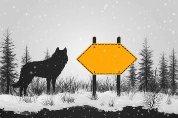 A solitary black wolf stands in a snowy landscape, gazing at an empty yellow sign beside pine trees, capturing the essence of winter wilderness and wildlife solitude.