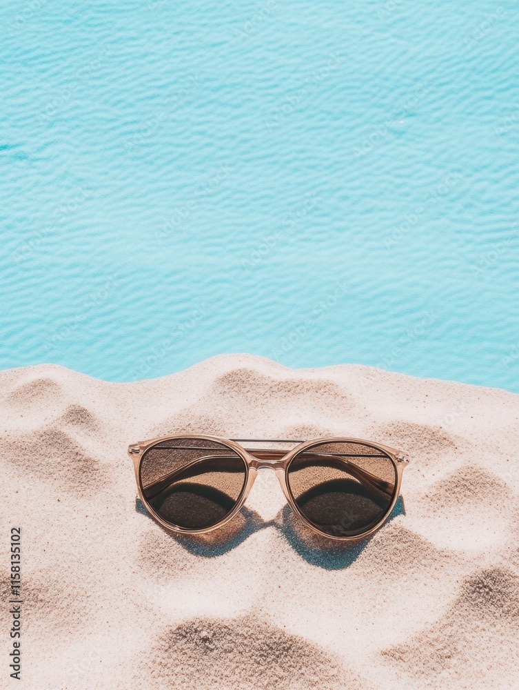 Poster sunglasses resting on soft sand with vibrant blue water in the background during a sunny day at the 