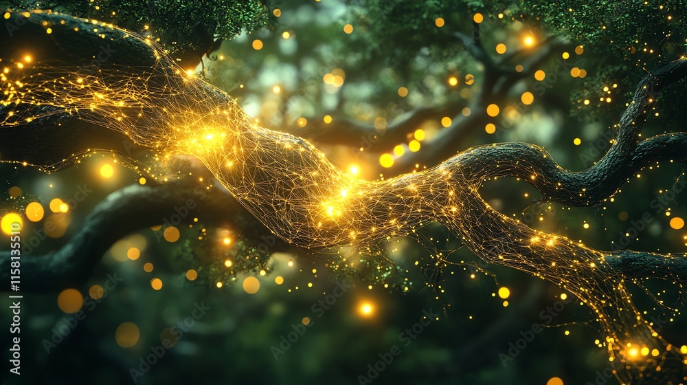 Aufkleber a glowing, magical tree branch surrounded by ethereal lights in a mystical forest setting.