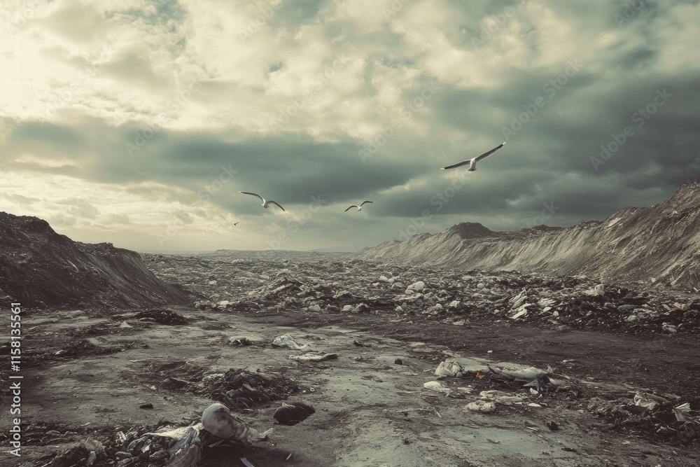 Aufkleber massive landfill with seagulls flying in a cloudy sky at sunset, suitable for adding custom text or 