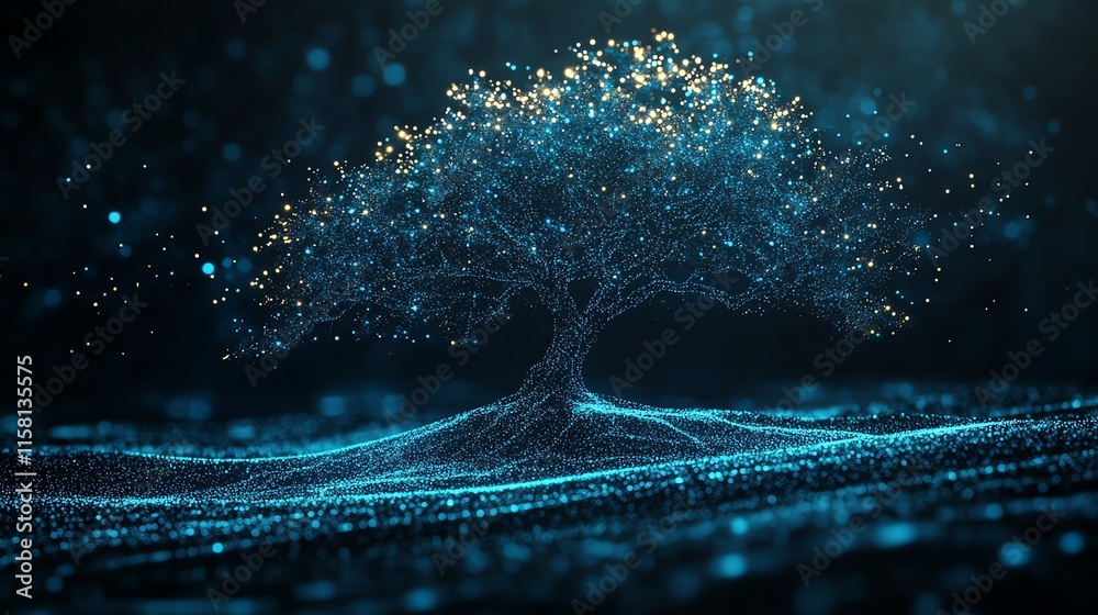 Poster a glowing digital tree made of particles, symbolizing growth and connectivity.