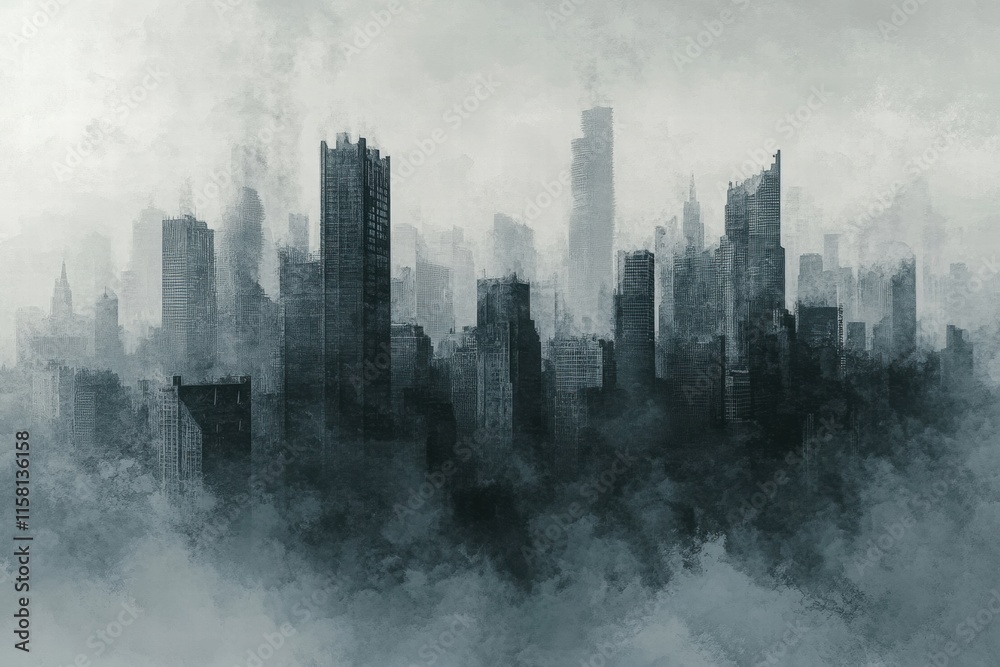 Poster dense smog envelops sprawling city skyline during overcast twilight hours creating an eerie atmosphe