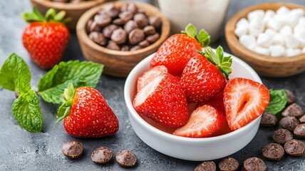 Fresh strawberries and chocolate treats kitchen food photography natural light close-up healthy eating concept