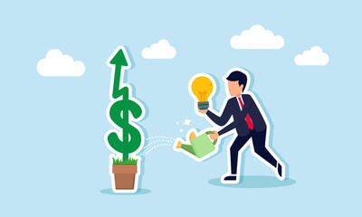 A businessman holding a lit lamp watering dollar plants, illustration of how business ideas and innovations can boost company financial growth