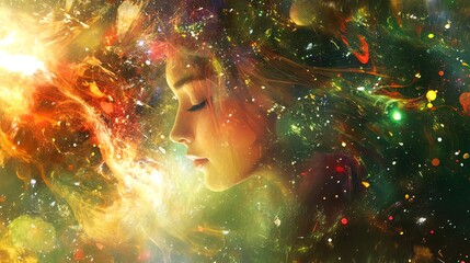 Serene woman's face merges with vibrant cosmic nebula, expressing peace, energy, and spirituality.