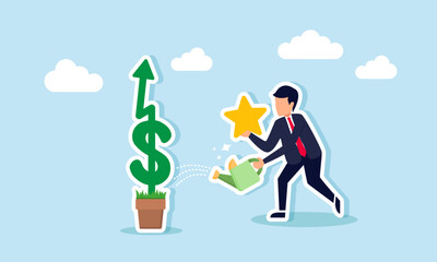 A businessman holding a star watering dollar plants, illustration of how product quality and business can boost company financial growth