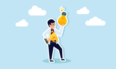 A Businessman like professor  holding a trophy and a compound liquid inside a lamp, illustration of formulas in business ideas and innovations to become a leading company