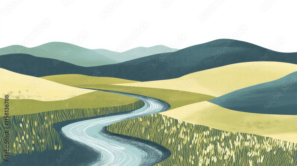 Fototapete naive art style landscape featuring a winding river through rolling hills and gentle mountains in a 