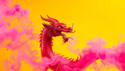 Mythical Dragon Artwork: Red Dragon Emerging Against a Vibrant Yellow Background