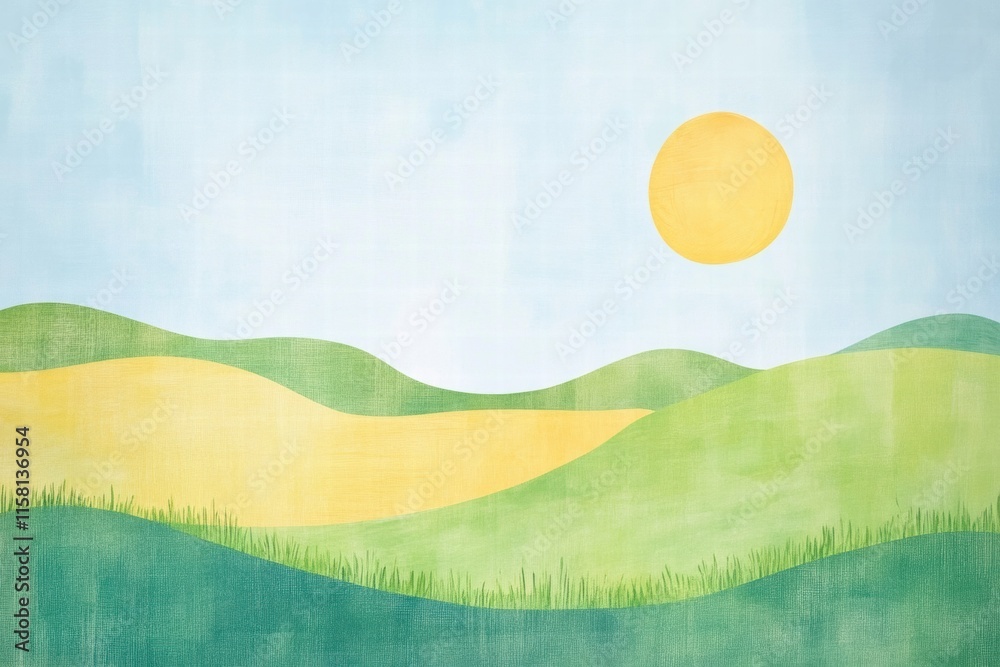 Poster bright and cheerful naive art style landscape with rolling hills and sun in a serene setting perfect