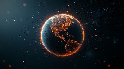 A glowing Earth surrounded by a cosmic background, showcasing illuminated continents and a captivating, futuristic appearance.