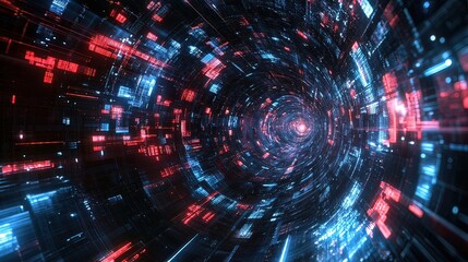 Obraz premium Abstract digital tunnel with glowing red and blue lines and data streams.
