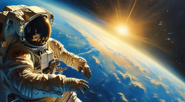 Floating Between Worlds: An Astronaut’s Perspective in Space  . - Powered by Adobe