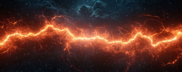 Fototapeta premium A vibrant depiction of electric energy, showcasing a glowing orange lightning bolt against a dark, cosmic background.